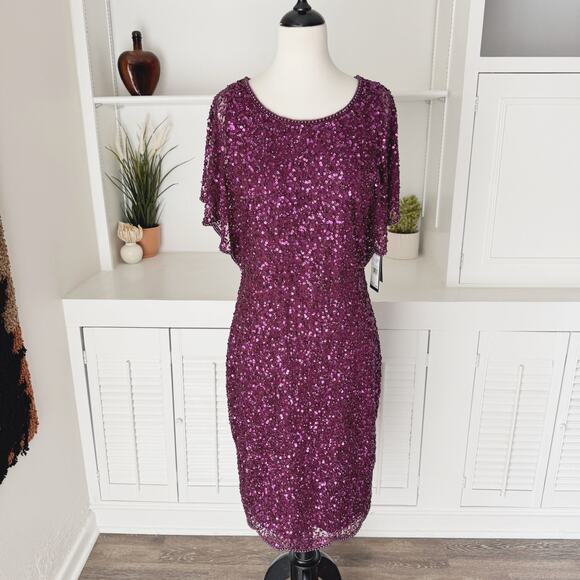 Adrianna Papell Cabernet Purple Sequin Beaded Flutter Sleeve Cocktail Dress 12 - Picture 2 of 9